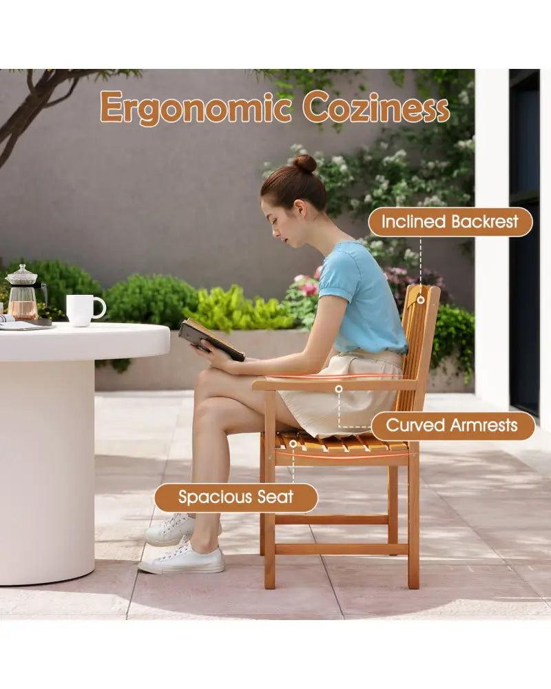 Solid Acacia Wood Patio Chairs Set of 2 with Slatted Seat and Inclined Backrest for Porch - Natural - Patio Dining
