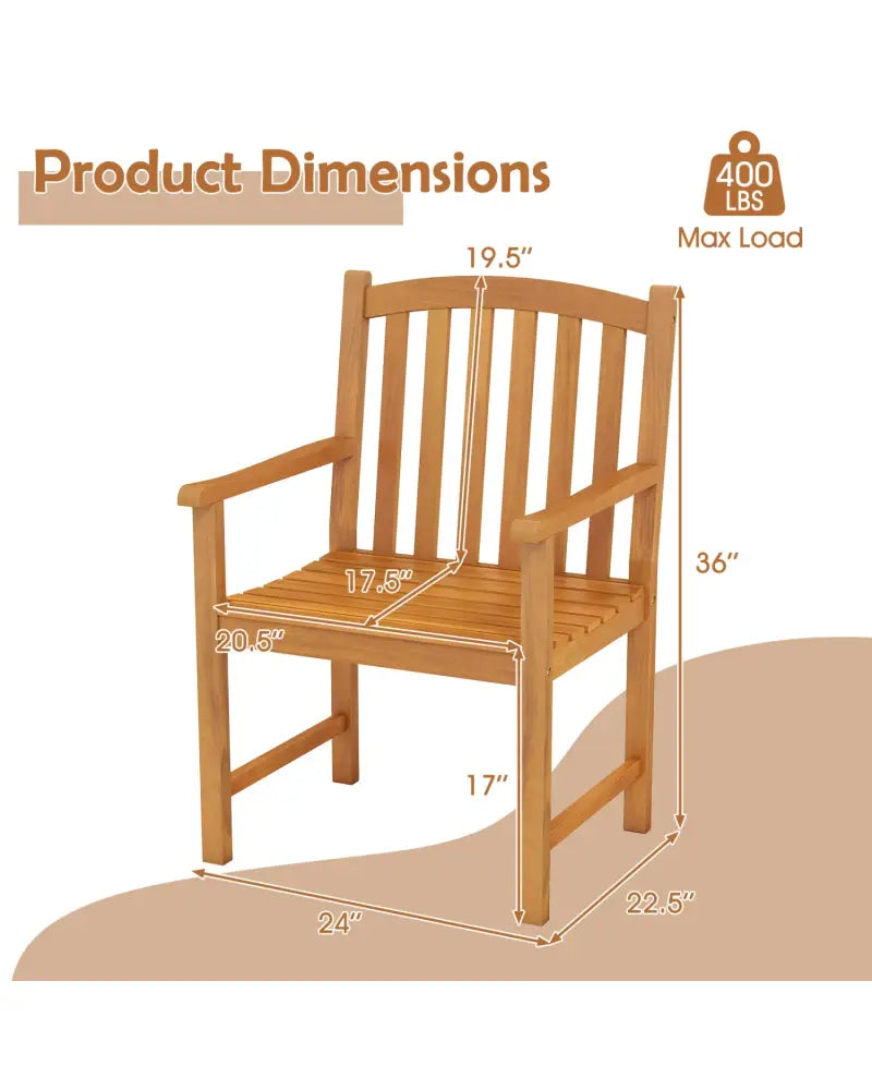 Solid Acacia Wood Patio Chairs Set of 2 with Slatted Seat and Inclined Backrest for Porch - Natural - Patio Dining
