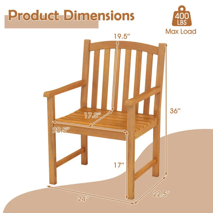 Solid Acacia Wood Patio Chairs Set of 2 with Slatted Seat and Inclined Backrest for Porch - Natural - Patio Dining