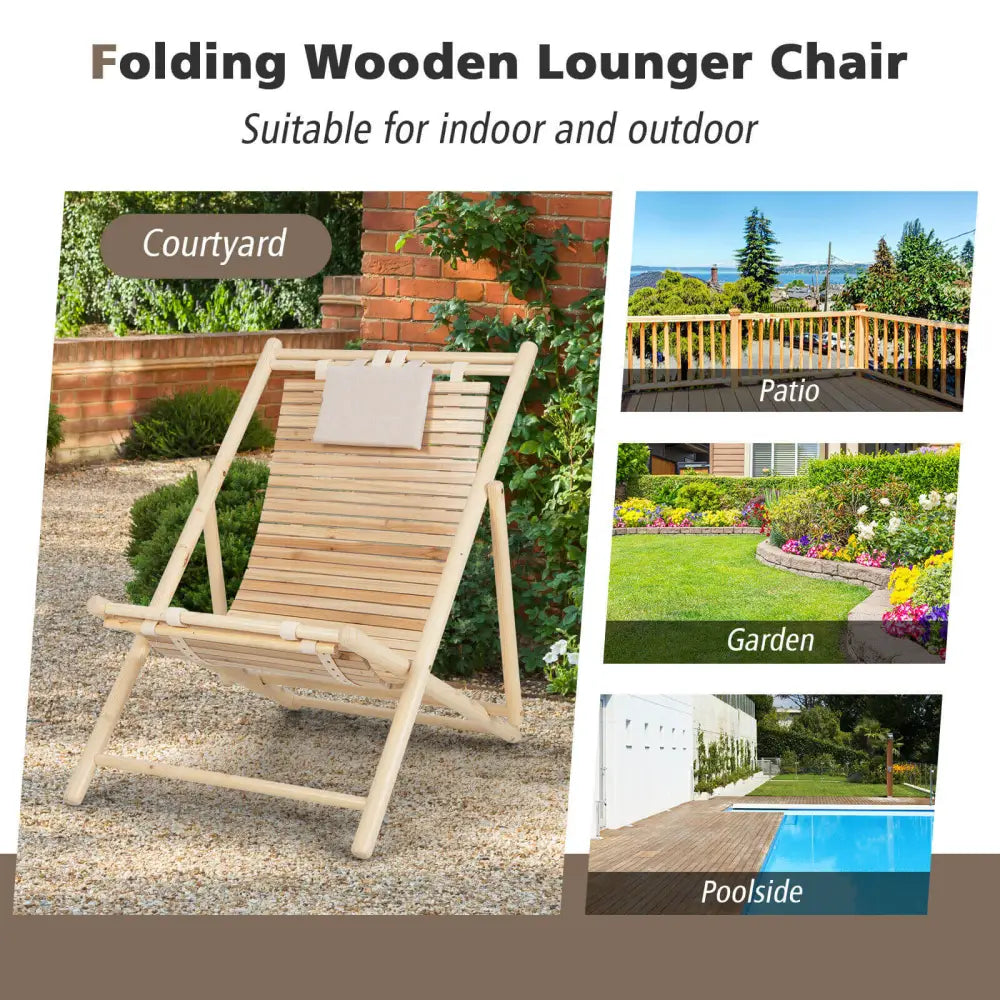 Solid Fir Wood Lounge Chair with 3-Level Adjustable Backrest and Soft Padded Headrest-Natural - Natural - Outdoor