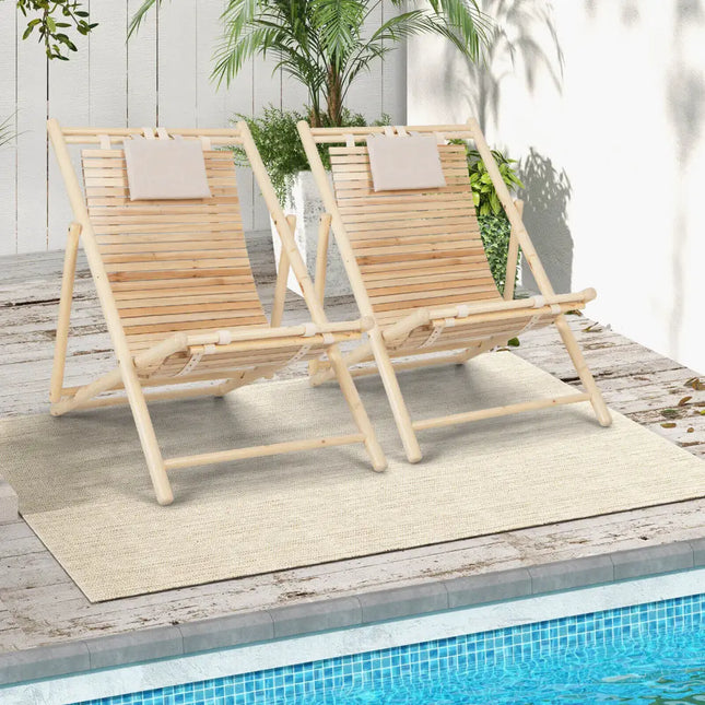 Solid Fir Wood Lounge Chair with 3-Level Adjustable Backrest and Soft Padded Headrest-Natural - Natural - Outdoor