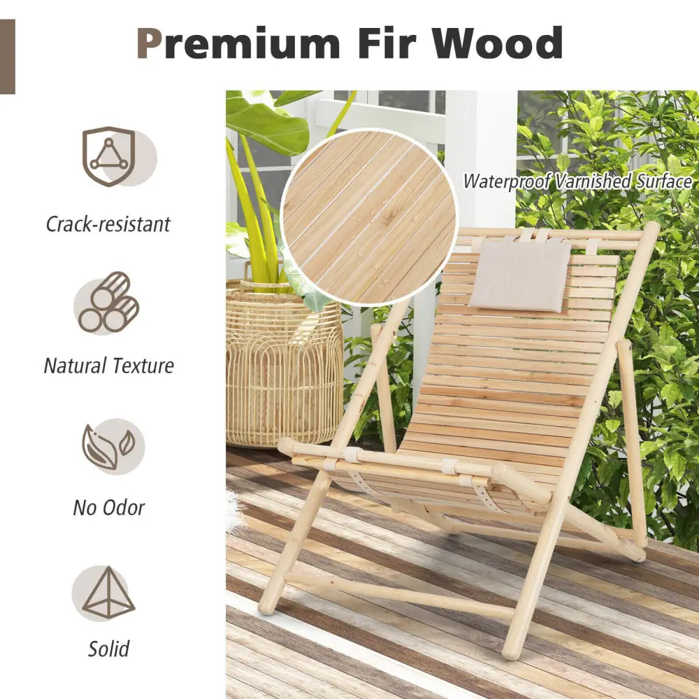 Solid Fir Wood Lounge Chair with 3-Level Adjustable Backrest and Soft Padded Headrest-Natural - Natural - Outdoor
