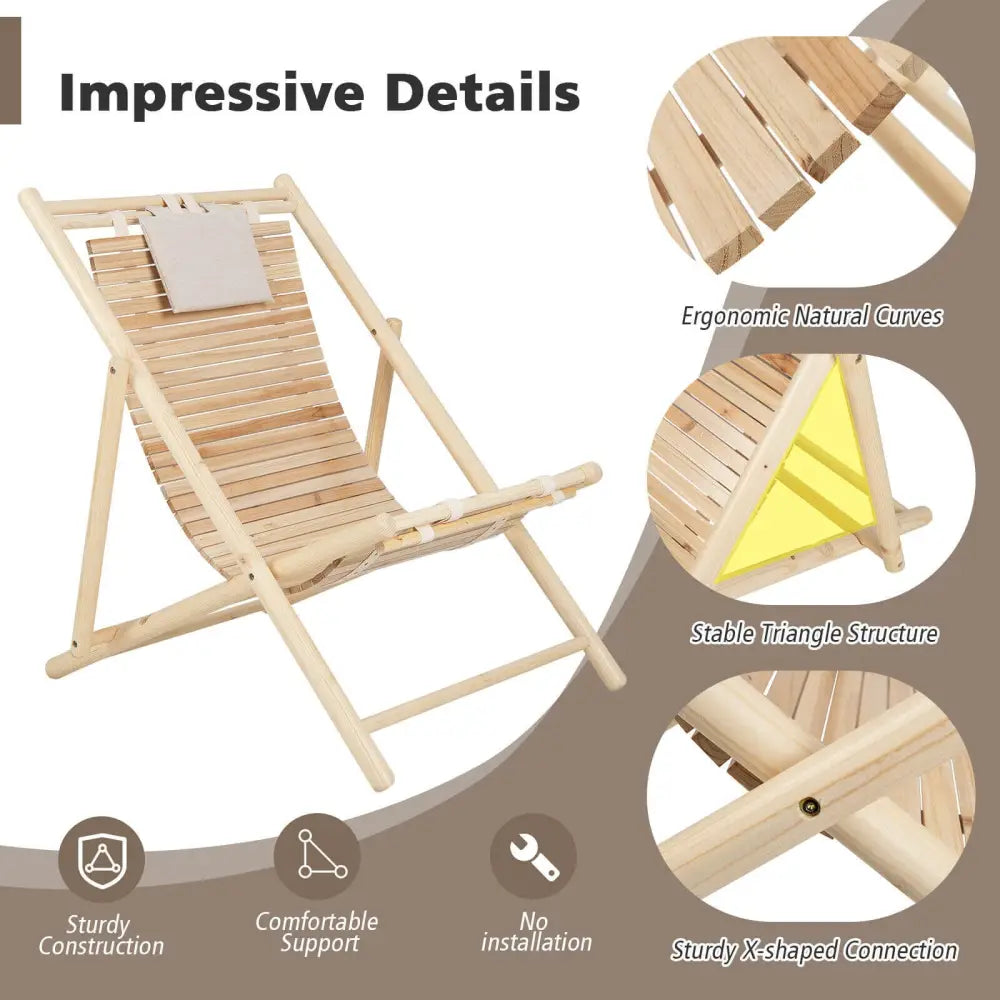 Solid Fir Wood Lounge Chair with 3-Level Adjustable Backrest and Soft Padded Headrest-Natural - Natural - Outdoor