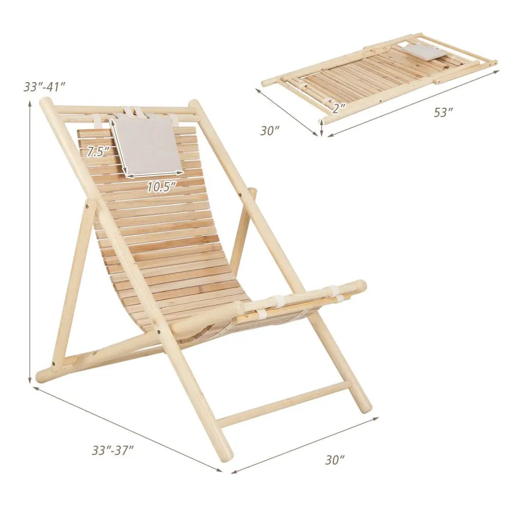 Solid Fir Wood Lounge Chair with 3-Level Adjustable Backrest and Soft Padded Headrest-Natural - Natural - Outdoor