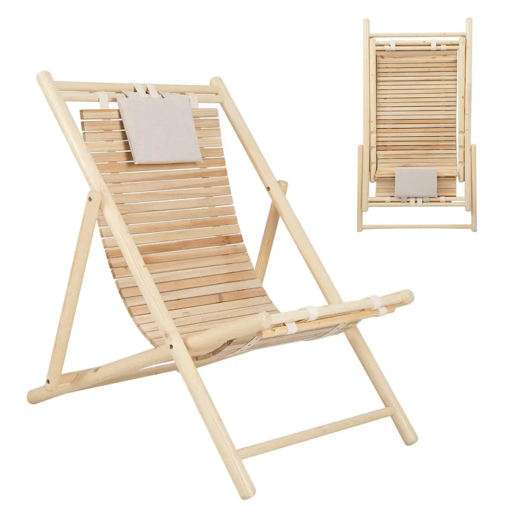 Solid Fir Wood Lounge Chair with 3-Level Adjustable Backrest and Soft Padded Headrest-Natural - Natural - Outdoor