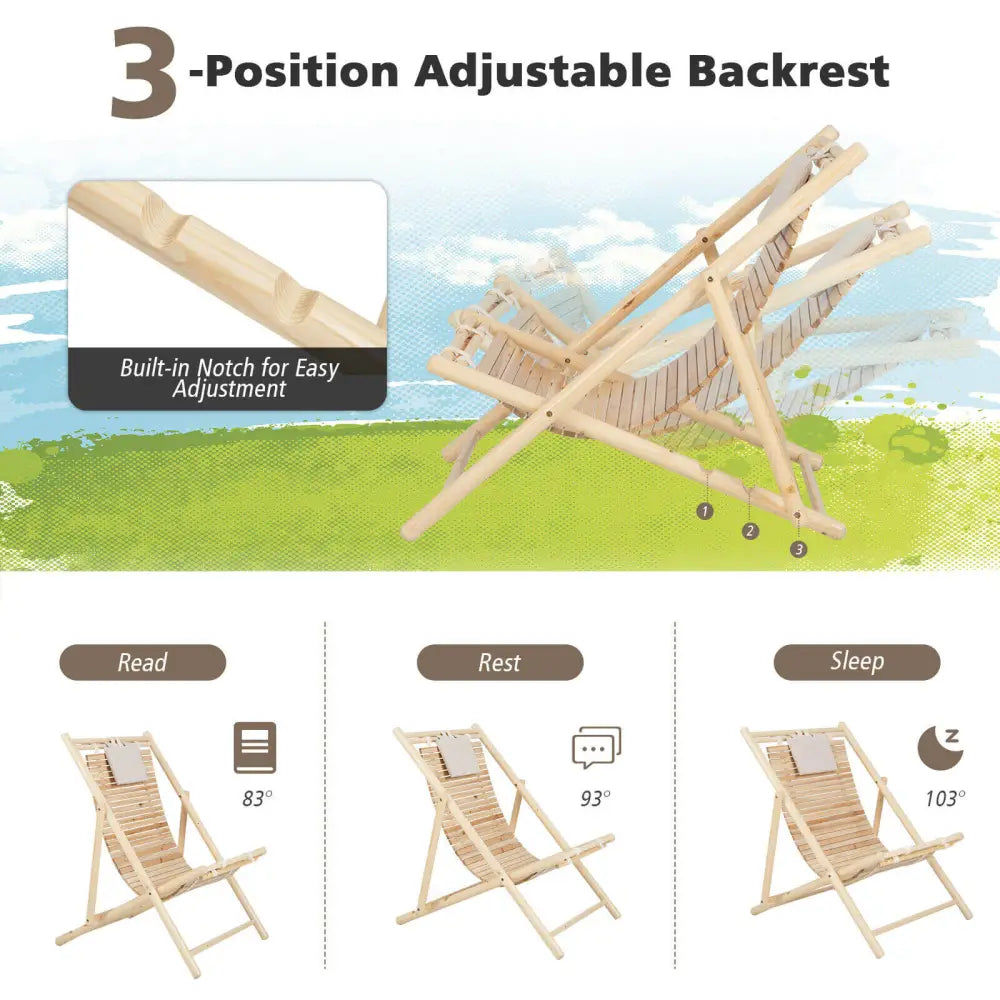 Solid Fir Wood Lounge Chair with 3-Level Adjustable Backrest and Soft Padded Headrest-Natural - Natural - Outdoor