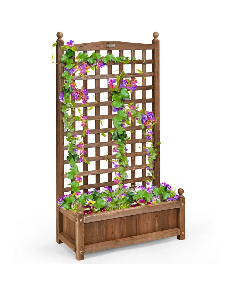 Solid Free Standing Wood Planter Box with Trellis for Garden - Brown - Raised Garden Beds