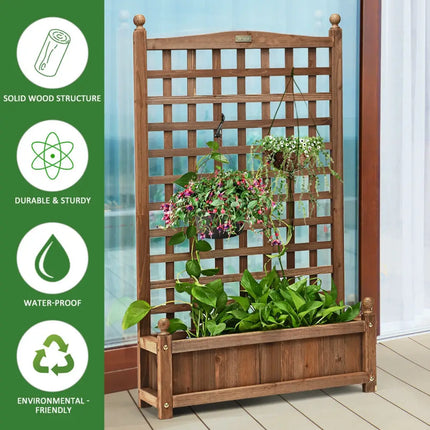 Solid Free Standing Wood Planter Box with Trellis for Garden - Brown - Raised Garden Beds