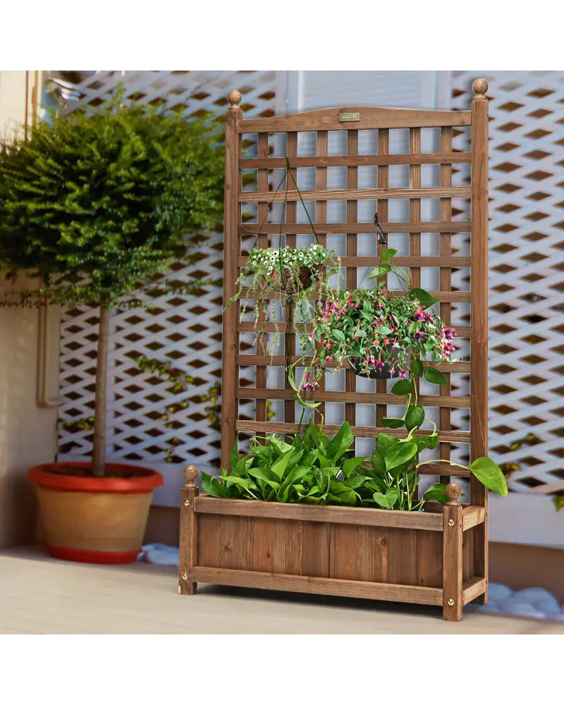 Solid Free Standing Wood Planter Box with Trellis for Garden - Brown - Raised Garden Beds