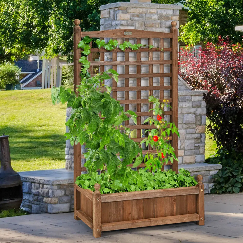 Solid Free Standing Wood Planter Box with Trellis for Garden - Brown - Raised Garden Beds