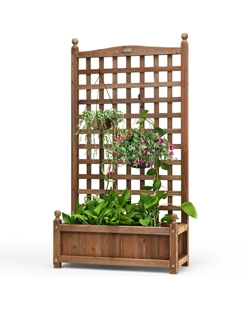 Solid Free Standing Wood Planter Box with Trellis for Garden - Brown - Raised Garden Beds