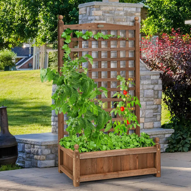 Solid Free Standing Wood Planter Box with Trellis for Garden - Brown - Raised Garden Beds