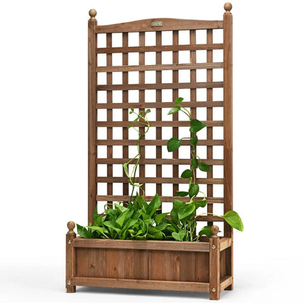 Solid Free Standing Wood Planter Box with Trellis for Garden - Brown - Raised Garden Beds