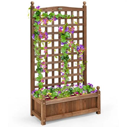 Solid Free Standing Wood Planter Box with Trellis for Garden - Brown - Raised Garden Beds