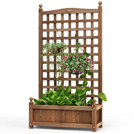 Solid Free Standing Wood Planter Box with Trellis for Garden - Brown - Raised Garden Beds