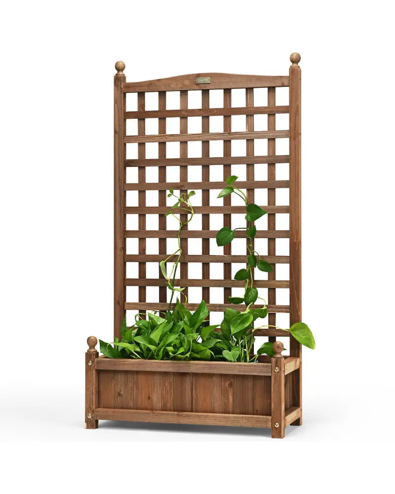 Solid Free Standing Wood Planter Box with Trellis for Garden - Brown - Raised Garden Beds