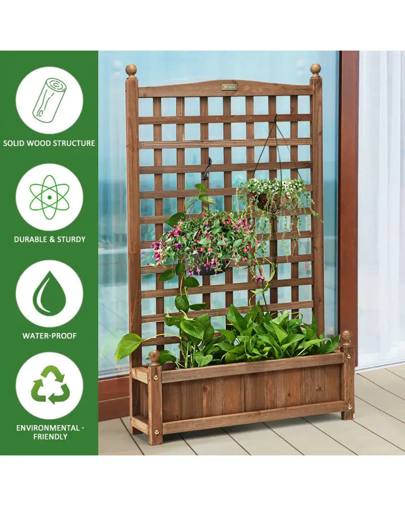 Solid Free Standing Wood Planter Box with Trellis for Garden - Brown - Raised Garden Beds