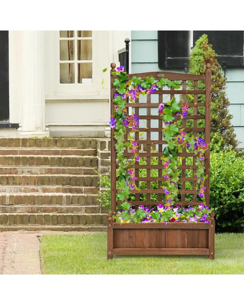 Solid Free Standing Wood Planter Box with Trellis for Garden - Brown - Raised Garden Beds