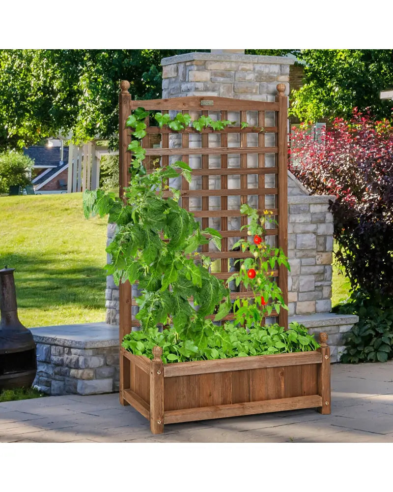 Solid Free Standing Wood Planter Box with Trellis for Garden - Brown - Raised Garden Beds