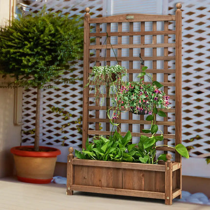 Solid Free Standing Wood Planter Box with Trellis for Garden - Brown - Raised Garden Beds