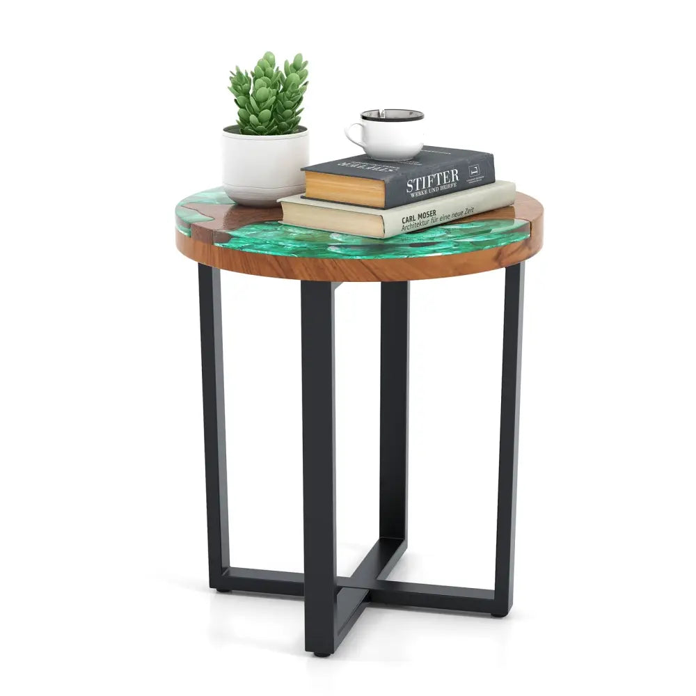 Solid Live Edge Round Teak Wood Outdoor End Table with Epoxy Resin Tabletop - End & Side Tables