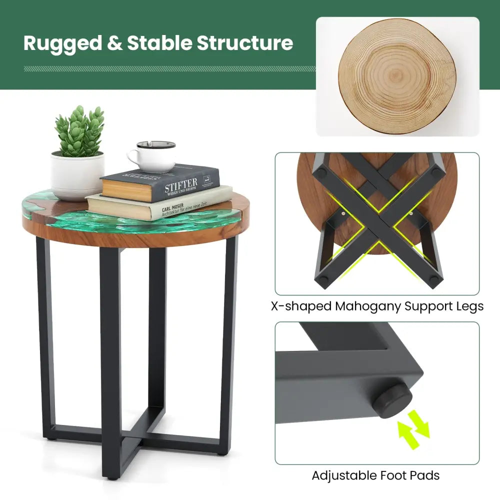 Solid Live Edge Round Teak Wood Outdoor End Table with Epoxy Resin Tabletop - End & Side Tables