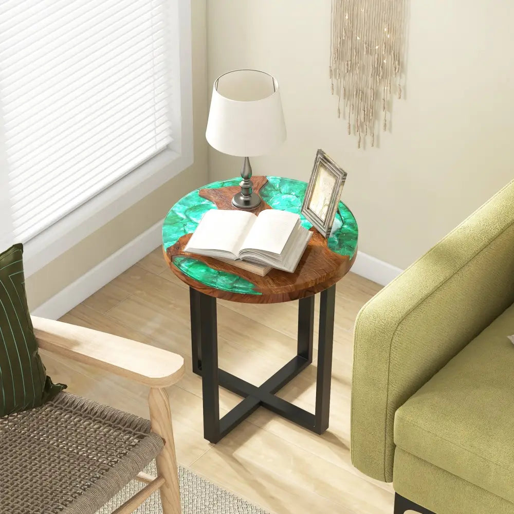 Solid Live Edge Round Teak Wood Outdoor End Table with Epoxy Resin Tabletop - End & Side Tables