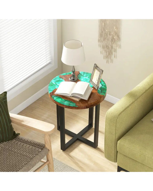Solid Live Edge Round Teak Wood Outdoor End Table with Epoxy Resin Tabletop - End & Side Tables