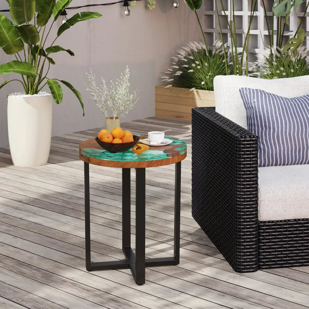 Solid Live Edge Round Teak Wood Outdoor End Table with Epoxy Resin Tabletop - End & Side Tables