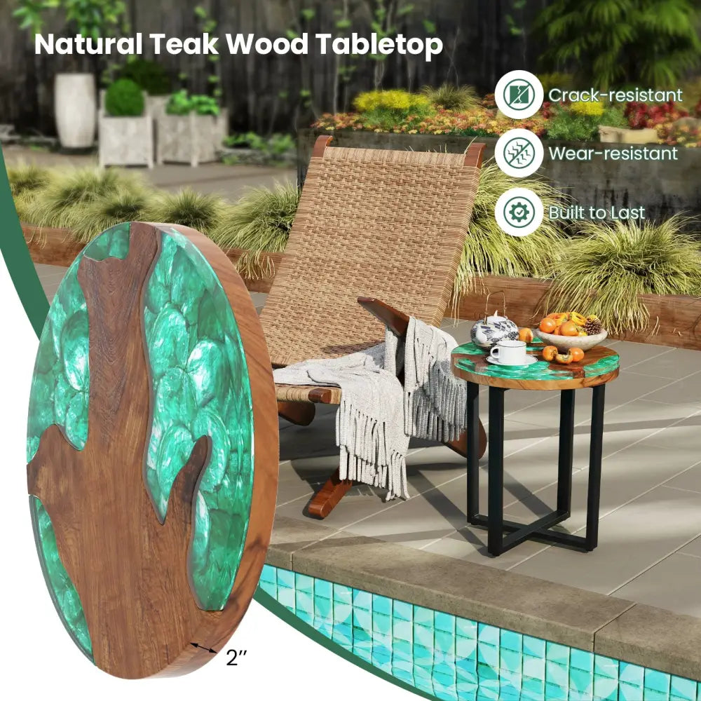 Solid Live Edge Round Teak Wood Outdoor End Table with Epoxy Resin Tabletop - End & Side Tables