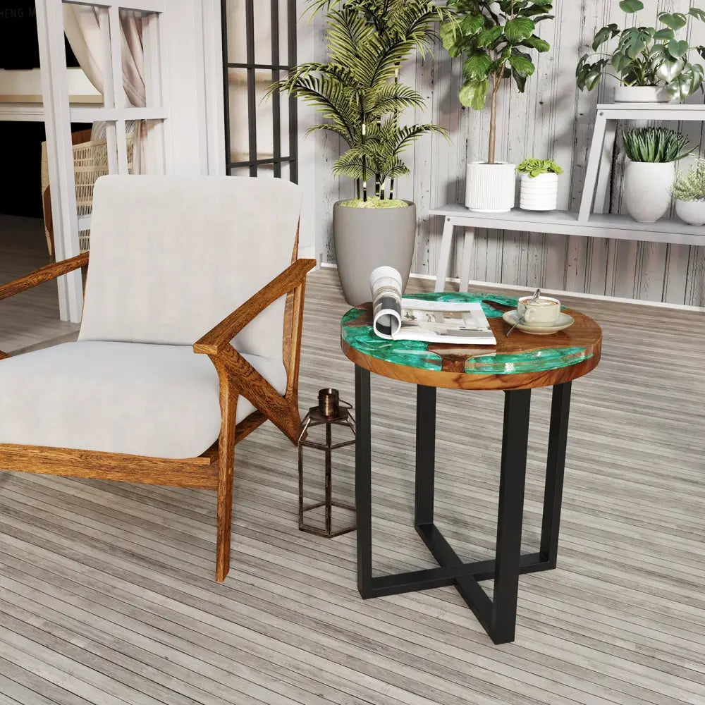 Solid Live Edge Round Teak Wood Outdoor End Table with Epoxy Resin Tabletop - End & Side Tables