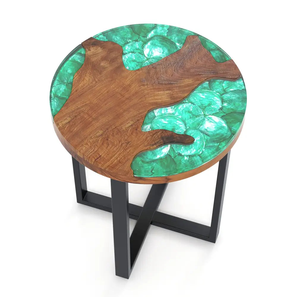 Solid Live Edge Round Teak Wood Outdoor End Table with Epoxy Resin Tabletop - End & Side Tables