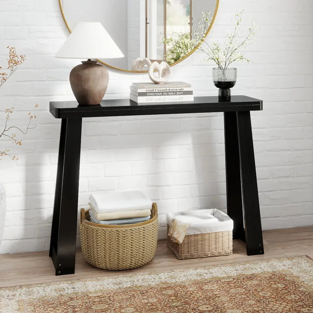 Solid Rubber Wood Console Table 43inch Narrow Entryway Table with Thick Tabletop and Stable Base-Black - Black