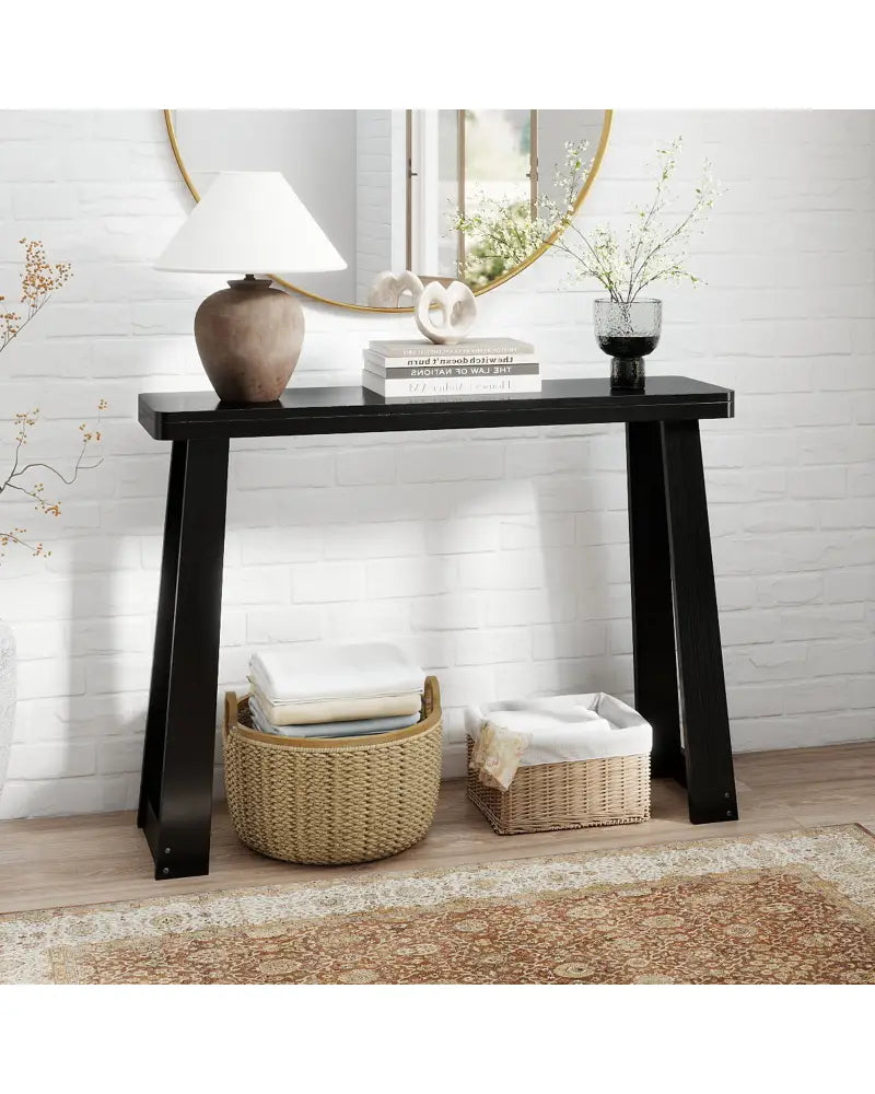 Solid Rubber Wood Console Table 43inch Narrow Entryway Table with Thick Tabletop and Stable Base-Black - Black