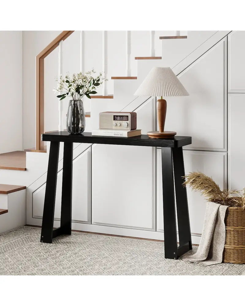 Solid Rubber Wood Console Table 43inch Narrow Entryway Table with Thick Tabletop and Stable Base-Black - Black