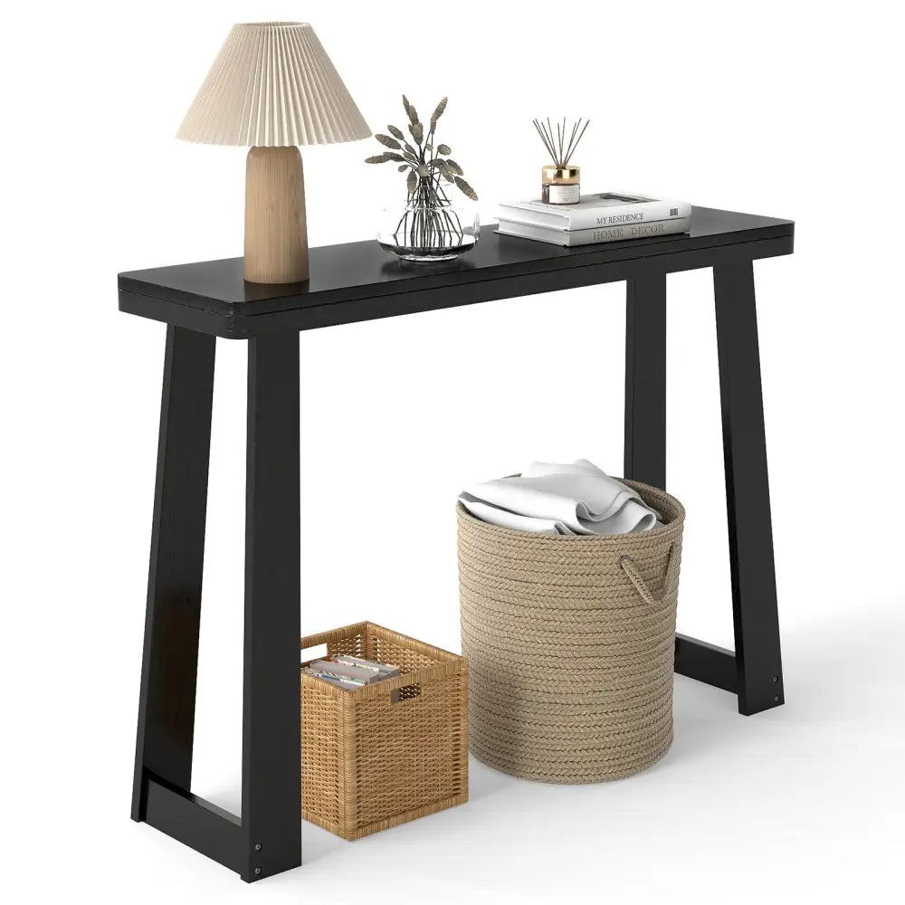 Solid Rubber Wood Console Table 43inch Narrow Entryway Table with Thick Tabletop and Stable Base-Black - Black