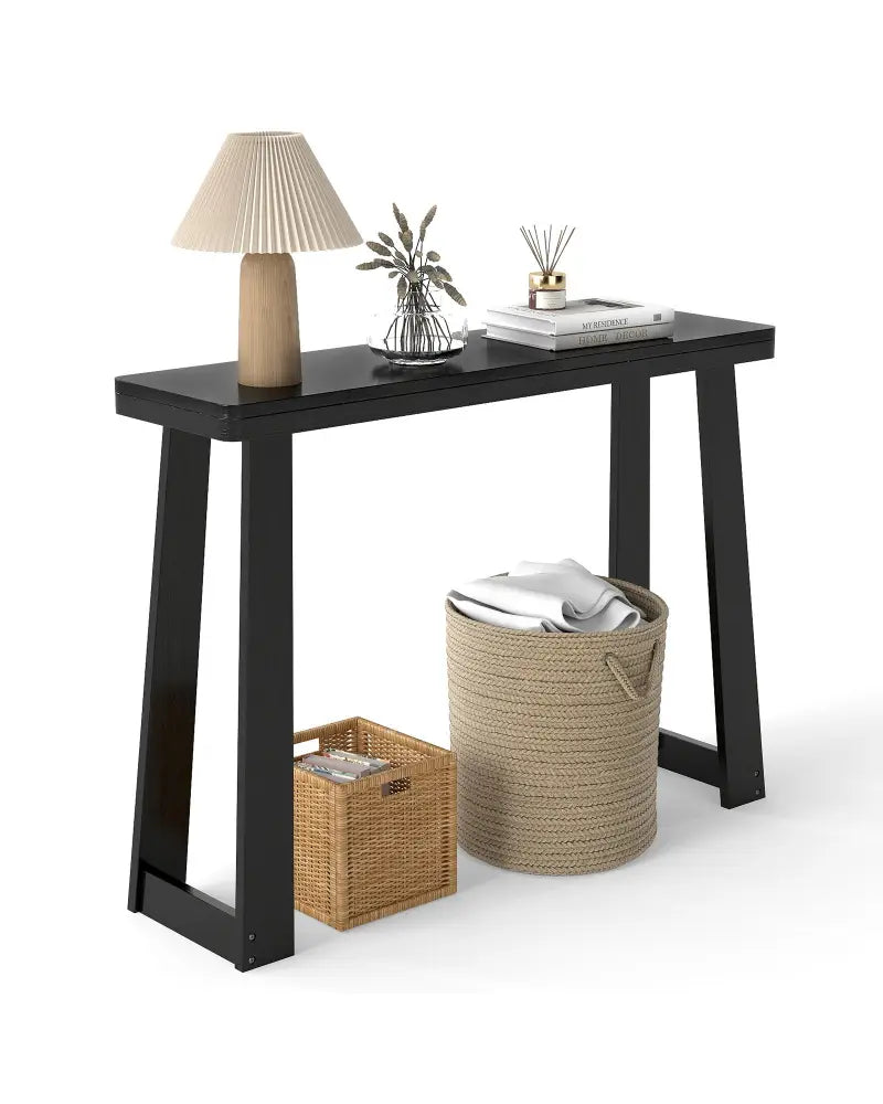 Solid Rubber Wood Console Table 43inch Narrow Entryway Table with Thick Tabletop and Stable Base-Black - Black