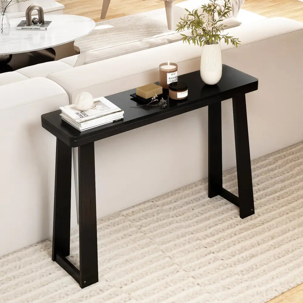 Solid Rubber Wood Console Table 43inch Narrow Entryway Table with Thick Tabletop and Stable Base-Black - Black