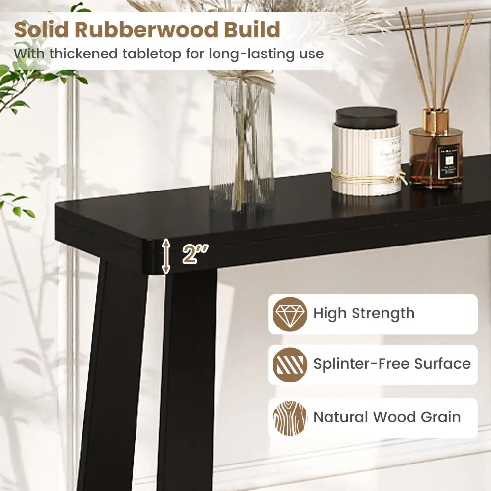 Solid Rubber Wood Console Table 43inch Narrow Entryway Table with Thick Tabletop and Stable Base-Black - Black