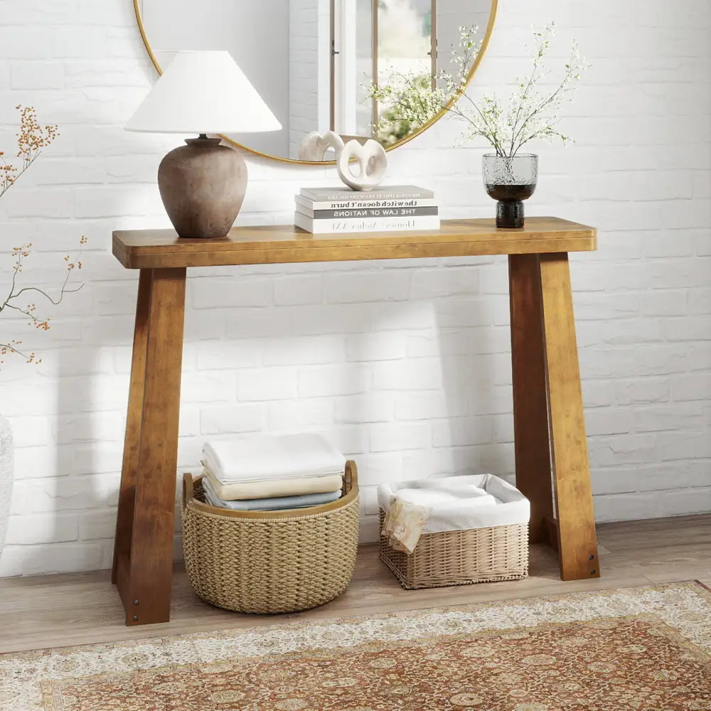 Solid Rubber Wood Console Table 43inch Narrow Entryway Table with Thick Tabletop and Stable Base-Walnut - Walnut