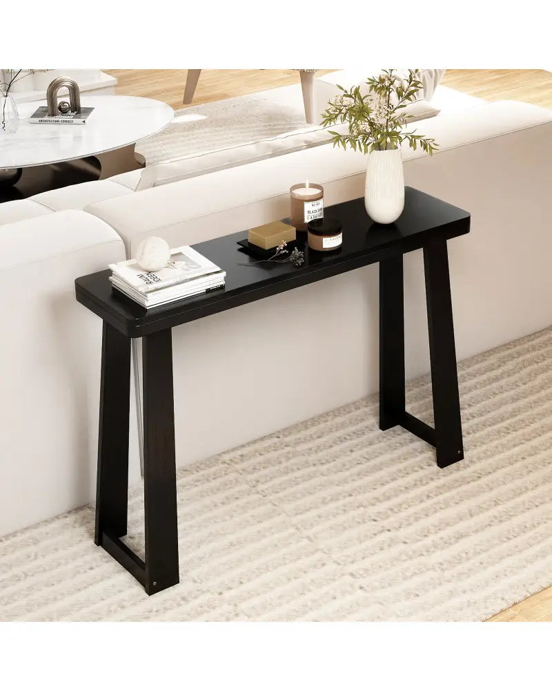 Solid Rubber Wood Console Table 43inch Narrow Entryway Table with Thick Tabletop and Stable Base-Black - Black