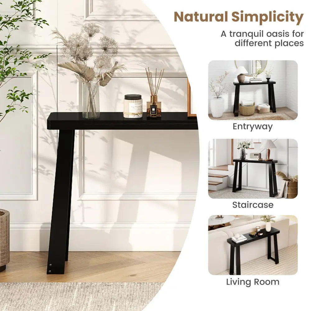 Solid Rubber Wood Console Table 43inch Narrow Entryway Table with Thick Tabletop and Stable Base-Black - Black