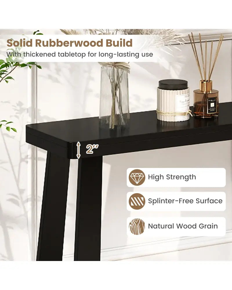 Solid Rubber Wood Console Table 43inch Narrow Entryway Table with Thick Tabletop and Stable Base-Black - Black