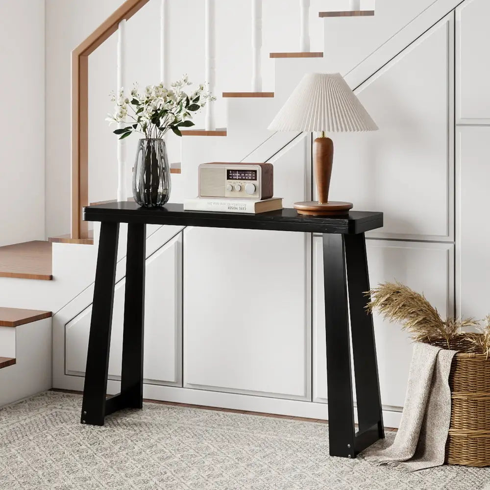 Solid Rubber Wood Console Table 43inch Narrow Entryway Table with Thick Tabletop and Stable Base-Black - Black