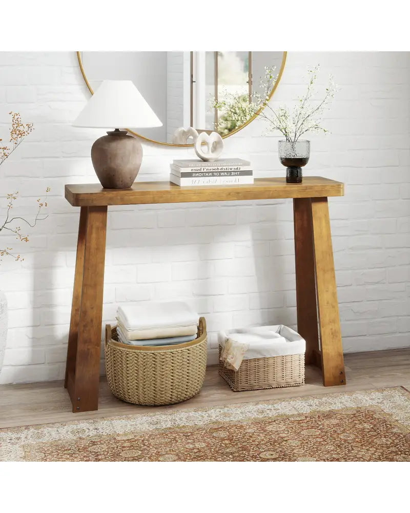 Solid Rubber Wood Console Table 43inch Narrow Entryway Table with Thick Tabletop and Stable Base-Walnut - Walnut