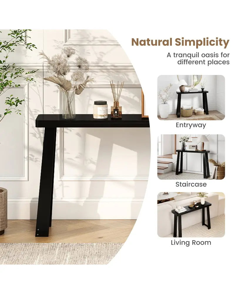 Solid Rubber Wood Console Table 43inch Narrow Entryway Table with Thick Tabletop and Stable Base-Black - Black
