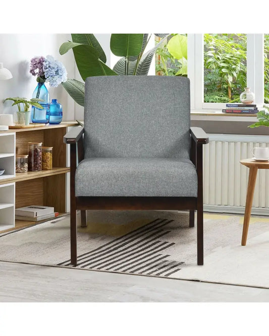 Solid Rubber Wood Fabric Accent Armchair for Living Room-Gray - Gray - Accent Chairs