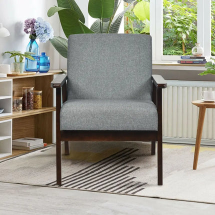 Solid Rubber Wood Fabric Accent Armchair for Living Room-Gray - Gray - Accent Chairs