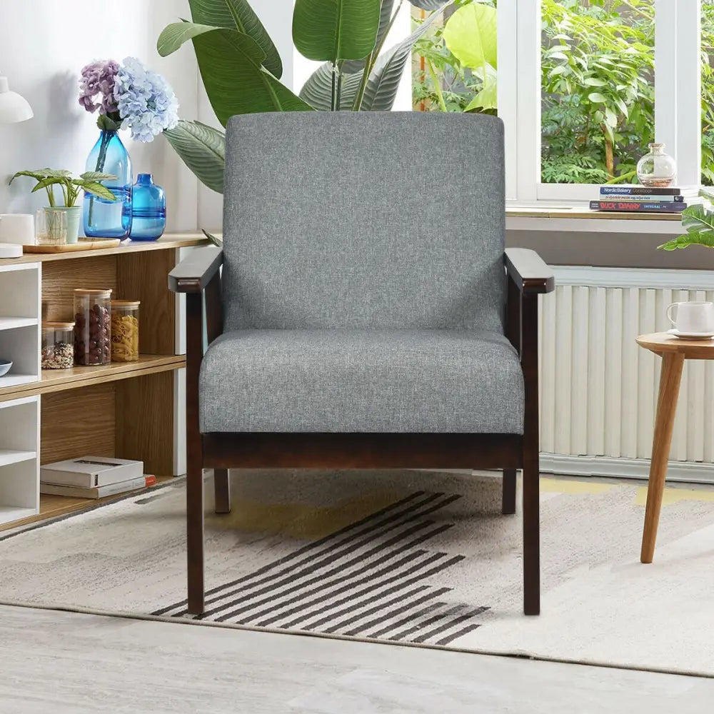 Solid Rubber Wood Fabric Accent Armchair for Living Room-Gray - Gray - Accent Chairs