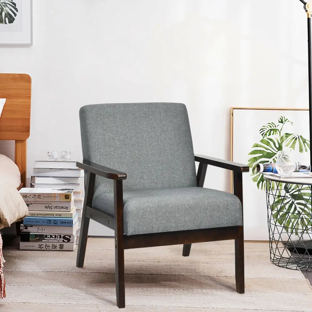 Solid Rubber Wood Fabric Accent Armchair for Living Room-Gray - Gray - Accent Chairs